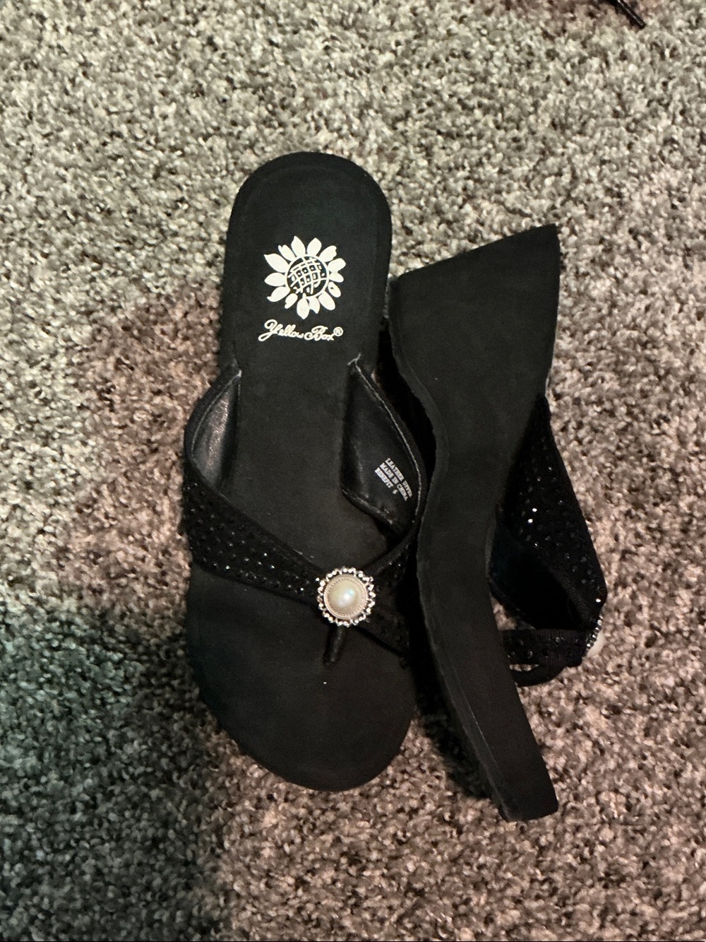Yellow Box Black Wedge Sandals with Pearl Accent